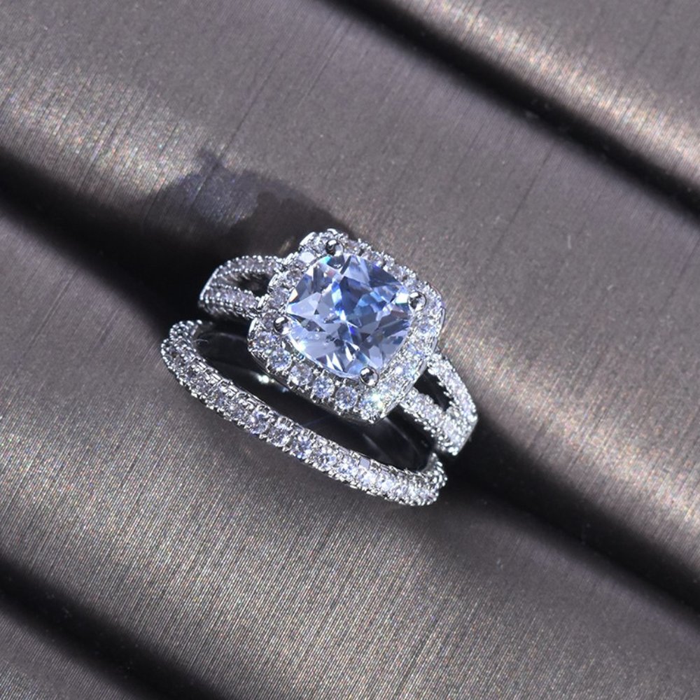NEW 2PC/Set 925 Silver Cushion Diamond Halo Ring - Picture 3 of 6